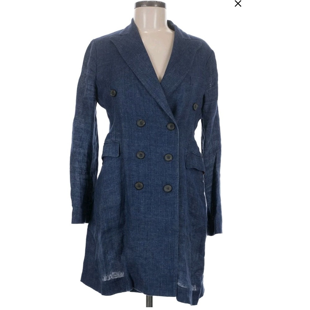 Davide Cenci Italy Womens Blue Linen Double Breasted Long Trench Coat Jacket 8